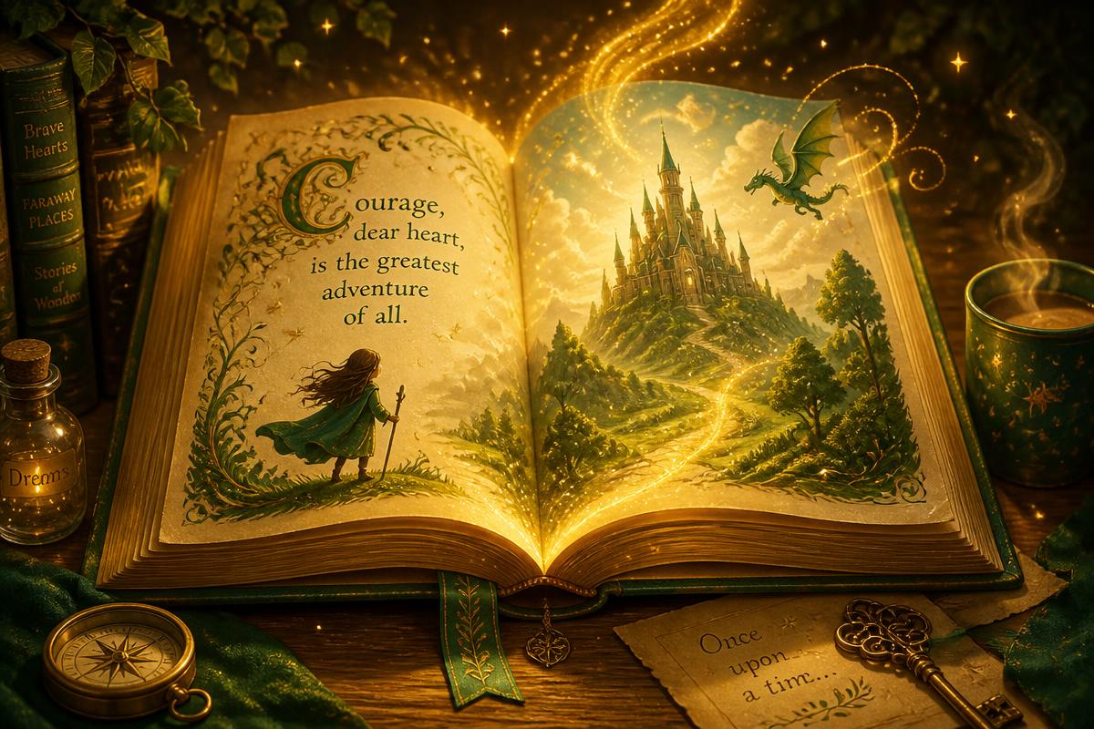 An open storybook glowing with golden light, inviting young readers into a world of courage and imagination